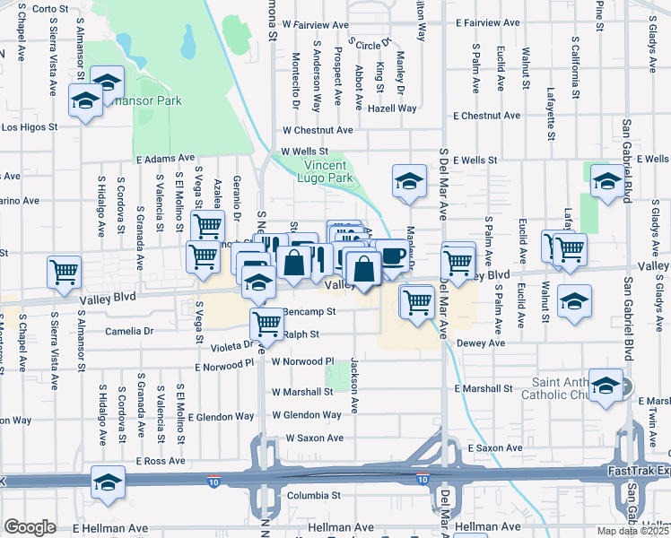 map of restaurants, bars, coffee shops, grocery stores, and more near 1551 Prospect Avenue in San Gabriel