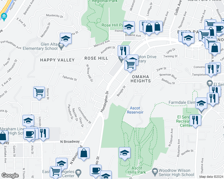 map of restaurants, bars, coffee shops, grocery stores, and more near 4460 Turquoise Street in Los Angeles
