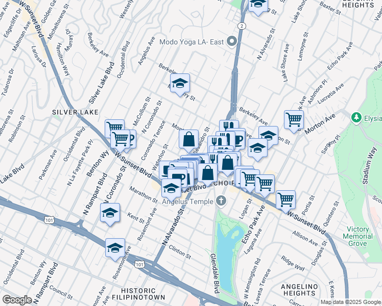 map of restaurants, bars, coffee shops, grocery stores, and more near 1322 Allesandro Street in Los Angeles