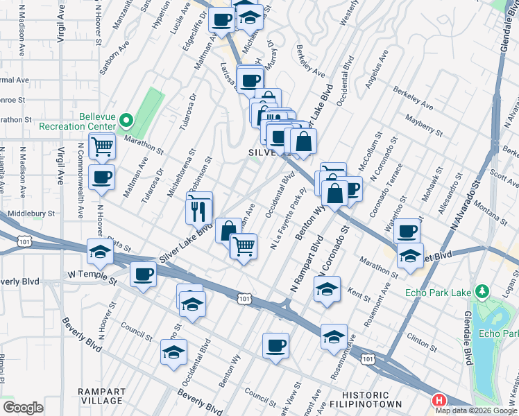 map of restaurants, bars, coffee shops, grocery stores, and more near 742 Parkman Avenue in Los Angeles