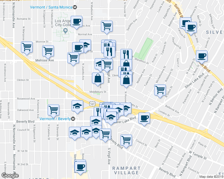 map of restaurants, bars, coffee shops, grocery stores, and more near 501 North Virgil Avenue in Los Angeles