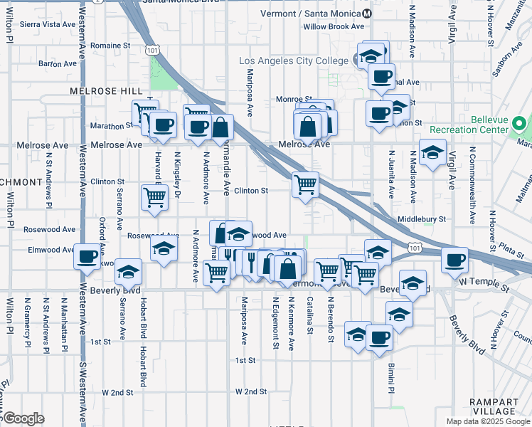 map of restaurants, bars, coffee shops, grocery stores, and more near 528 North Alexandria Avenue in Los Angeles