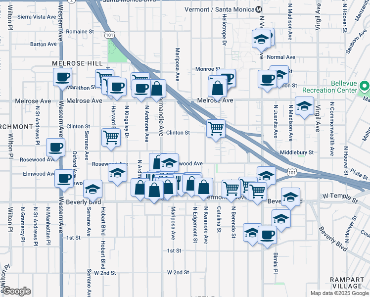 map of restaurants, bars, coffee shops, grocery stores, and more near 532 North Mariposa Avenue in Los Angeles