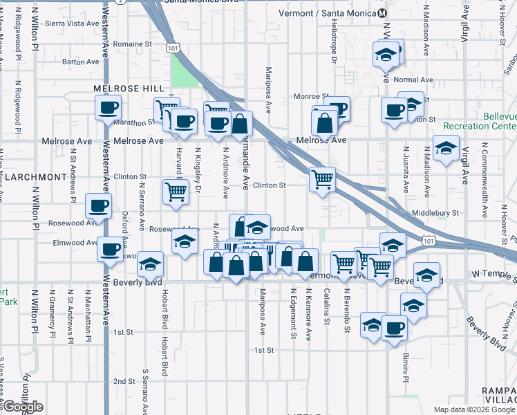 map of restaurants, bars, coffee shops, grocery stores, and more near 532 North Mariposa Avenue in Los Angeles