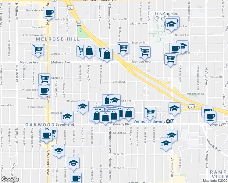 map of restaurants, bars, coffee shops, grocery stores, and more near 505 North Normandie Avenue in Los Angeles