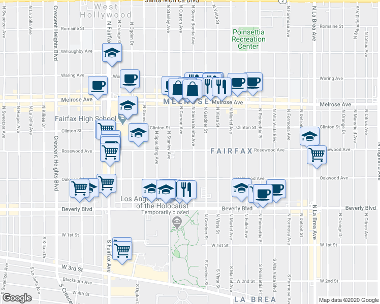 map of restaurants, bars, coffee shops, grocery stores, and more near 465 North Sierra Bonita Avenue in Los Angeles