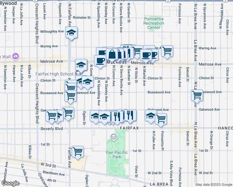 map of restaurants, bars, coffee shops, grocery stores, and more near 465 North Sierra Bonita Avenue in Los Angeles