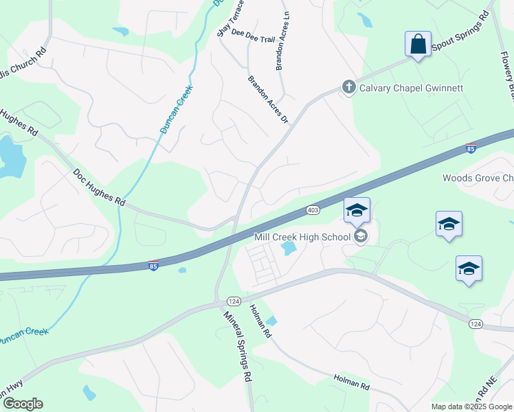 map of restaurants, bars, coffee shops, grocery stores, and more near 4271 Haywater Cove in Buford