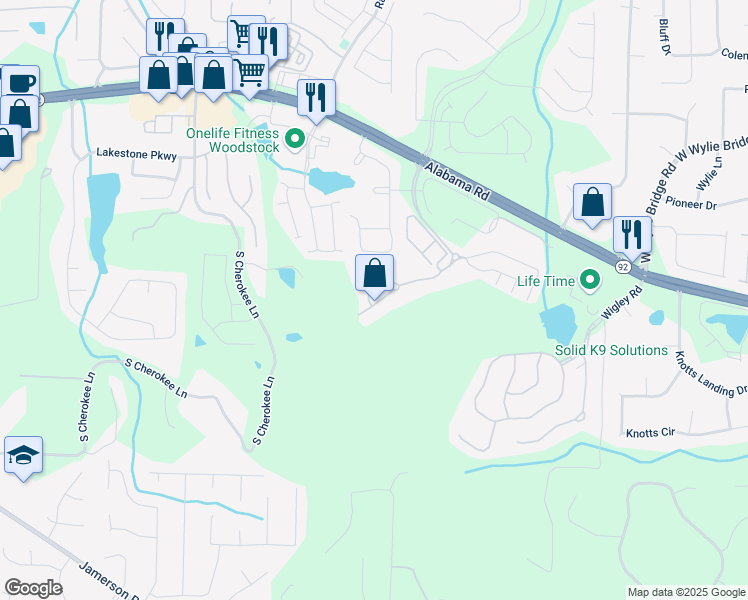 map of restaurants, bars, coffee shops, grocery stores, and more near 223 Glens Loop in Woodstock