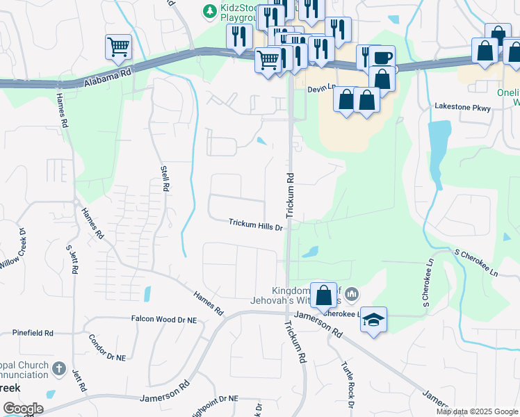 map of restaurants, bars, coffee shops, grocery stores, and more near 218 Trickum Hills Lane in Woodstock