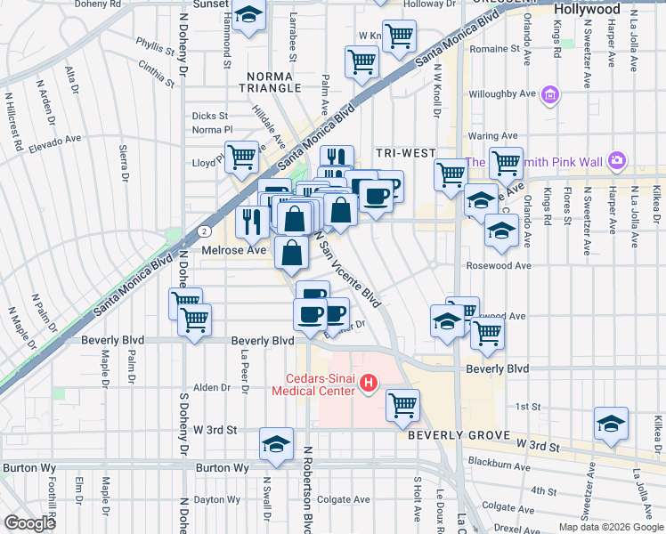 map of restaurants, bars, coffee shops, grocery stores, and more near 503 North San Vicente Boulevard in West Hollywood
