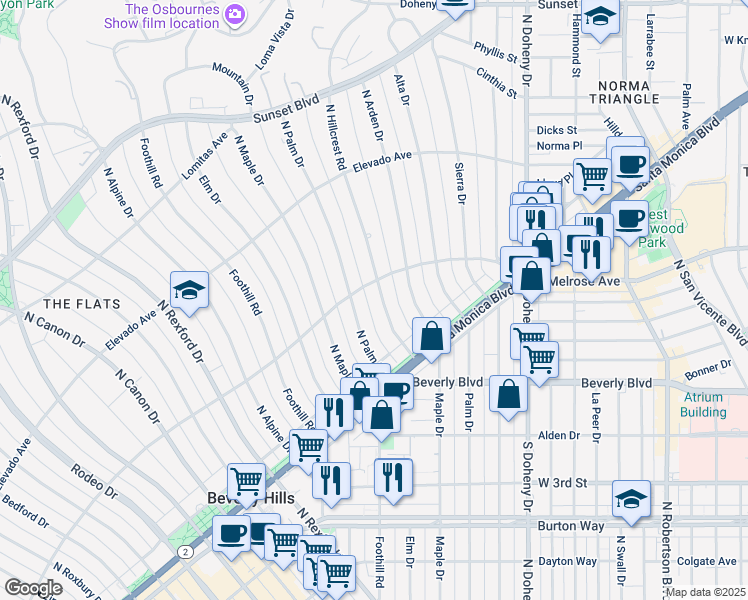 map of restaurants, bars, coffee shops, grocery stores, and more near 525 North Hillcrest Road in Beverly Hills