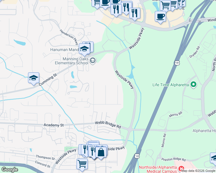 map of restaurants, bars, coffee shops, grocery stores, and more near 175 Crestwood Court in Alpharetta