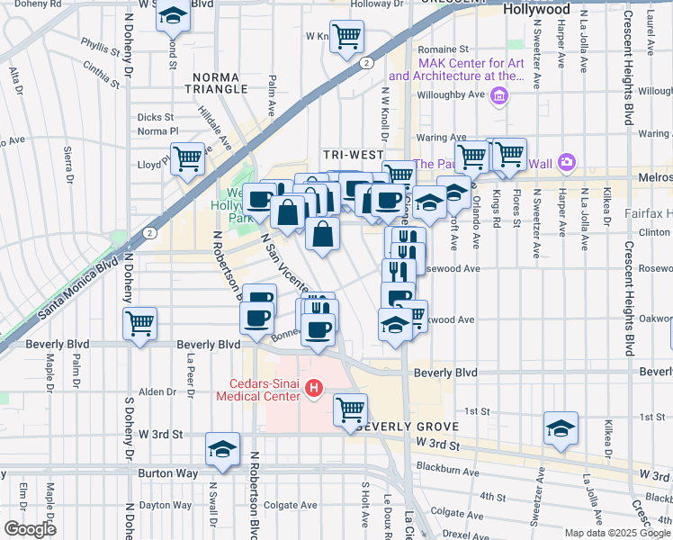 map of restaurants, bars, coffee shops, grocery stores, and more near 502 Huntley Drive in West Hollywood