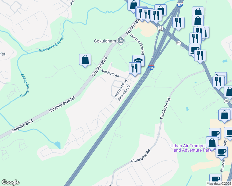 map of restaurants, bars, coffee shops, grocery stores, and more near 1555 Horizon Parkway in Buford