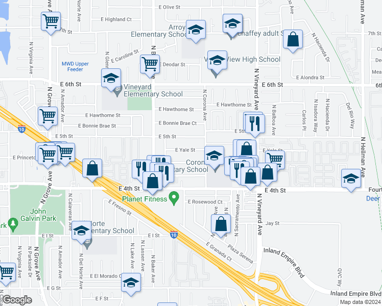 map of restaurants, bars, coffee shops, grocery stores, and more near 1706 East Yale Street in Ontario