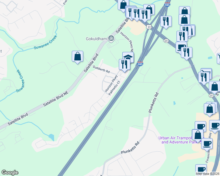 map of restaurants, bars, coffee shops, grocery stores, and more near 1555 Horizon Parkway in Buford