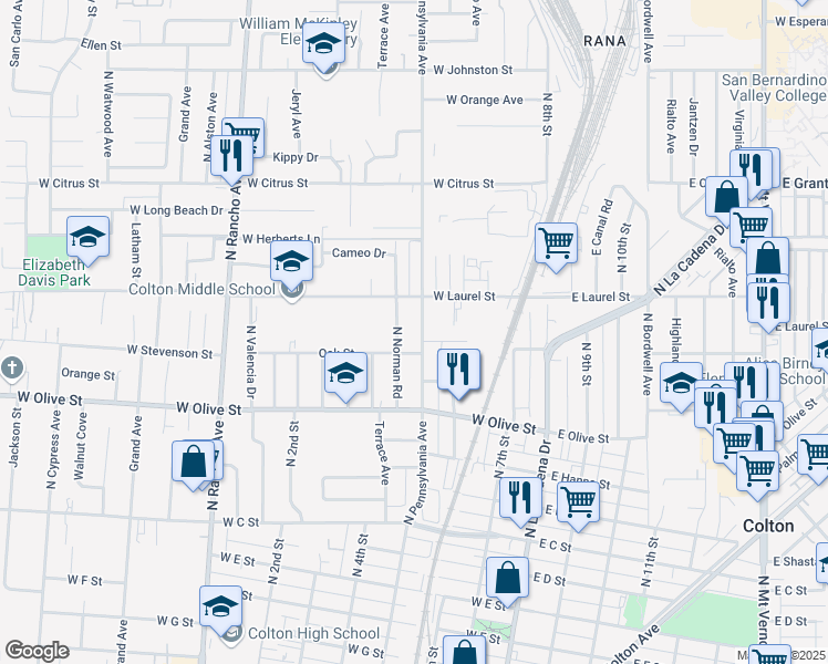 map of restaurants, bars, coffee shops, grocery stores, and more near 1235 Pennsylvania Avenue in Colton