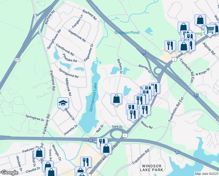 map of restaurants, bars, coffee shops, grocery stores, and more near 124 Lindevon Lane in Columbia