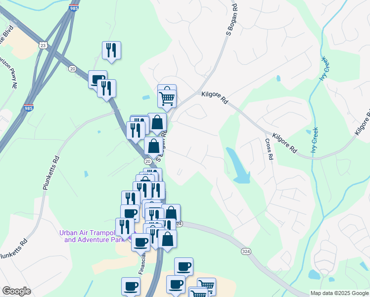 map of restaurants, bars, coffee shops, grocery stores, and more near 1970 Wessington Ct in Buford