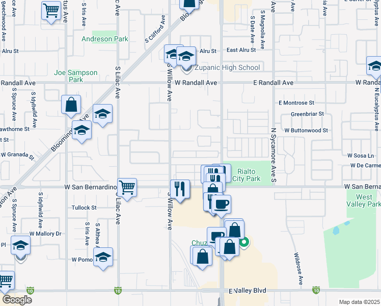 map of restaurants, bars, coffee shops, grocery stores, and more near 1166 South Riverside Avenue in Rialto