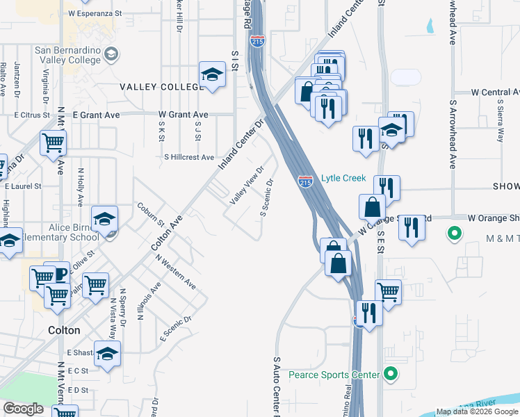 map of restaurants, bars, coffee shops, grocery stores, and more near 1124 Scenic Drive in San Bernardino