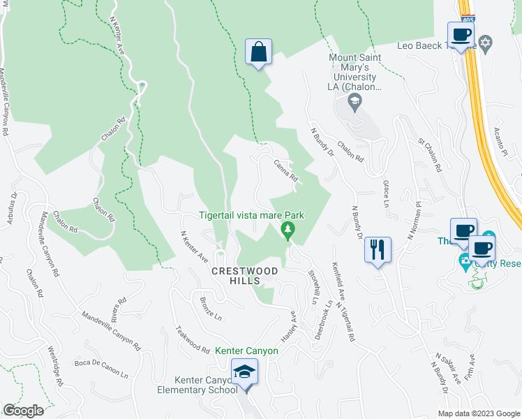 map of restaurants, bars, coffee shops, grocery stores, and more near 1235 North Tigertail Road in Los Angeles
