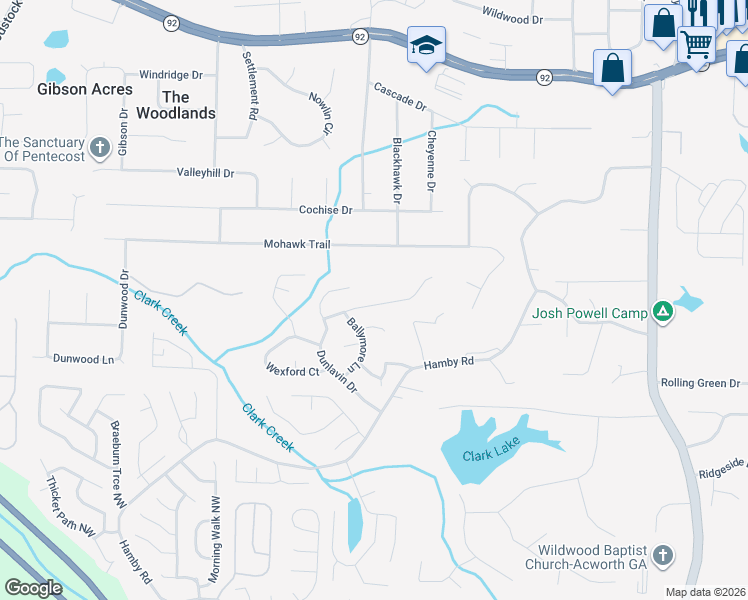 map of restaurants, bars, coffee shops, grocery stores, and more near 826 Tramore Road in Acworth