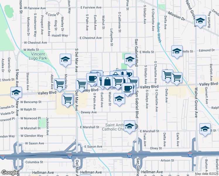 map of restaurants, bars, coffee shops, grocery stores, and more near 421 E Valley Blvd in San Gabriel