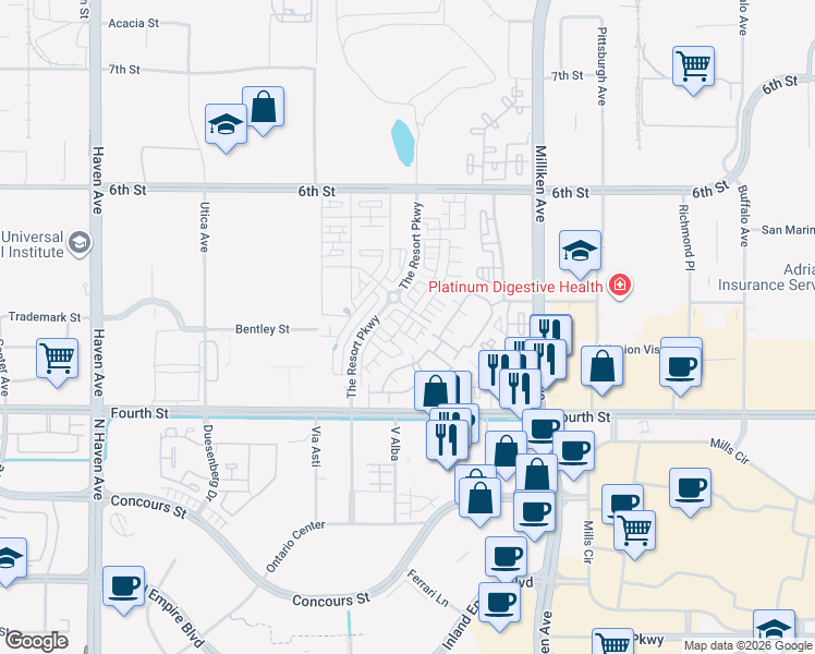 map of restaurants, bars, coffee shops, grocery stores, and more near Hammock Pl in Rancho Cucamonga