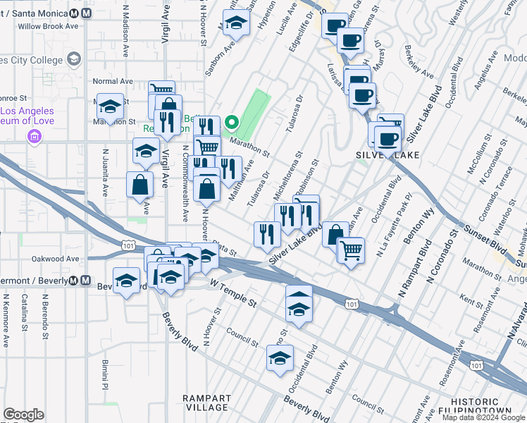 map of restaurants, bars, coffee shops, grocery stores, and more near 627 Micheltorena Street in Los Angeles