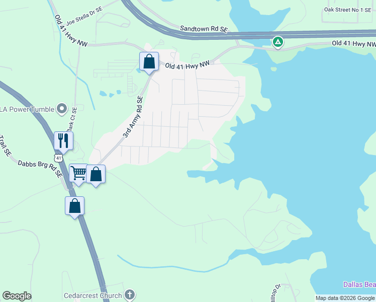 map of restaurants, bars, coffee shops, grocery stores, and more near 166 Oak Beach Drive Southeast in Acworth