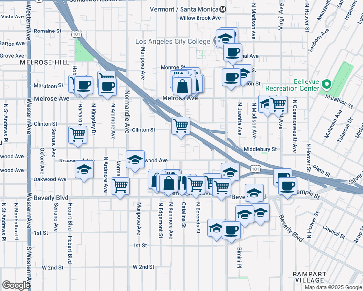 map of restaurants, bars, coffee shops, grocery stores, and more near 529 North Heliotrope Drive in Los Angeles