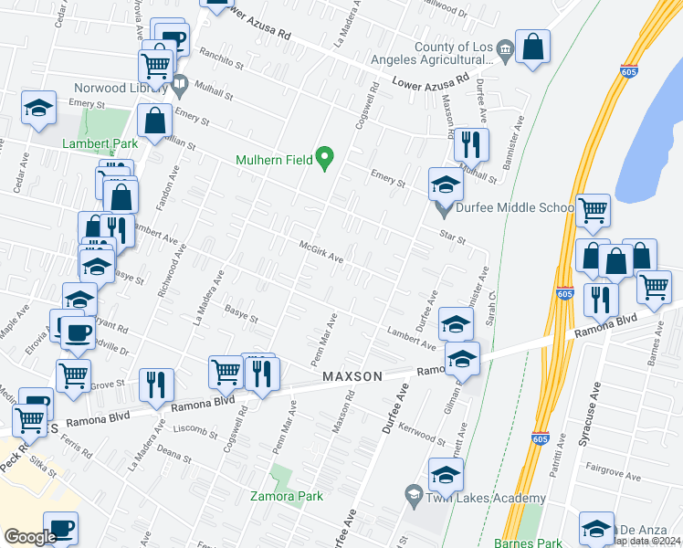 map of restaurants, bars, coffee shops, grocery stores, and more near 12052 Mc Girk Avenue in El Monte