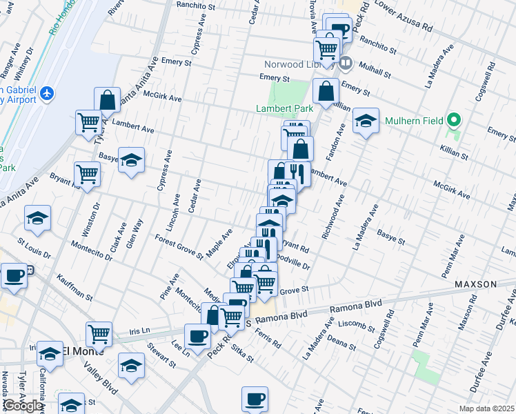 map of restaurants, bars, coffee shops, grocery stores, and more near 4145 Elrovia Avenue in El Monte