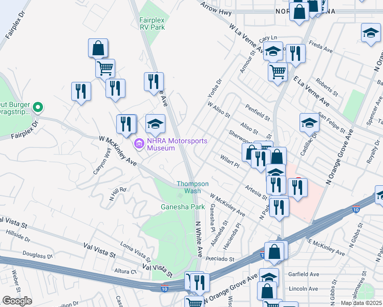 map of restaurants, bars, coffee shops, grocery stores, and more near 1723 Westwood Place in Pomona
