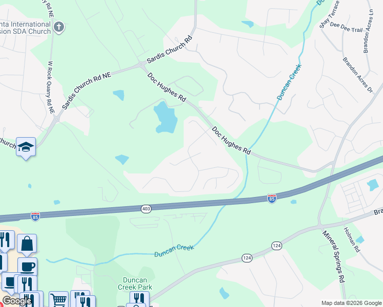 map of restaurants, bars, coffee shops, grocery stores, and more near 4202 Rovello Way Northeast in Buford