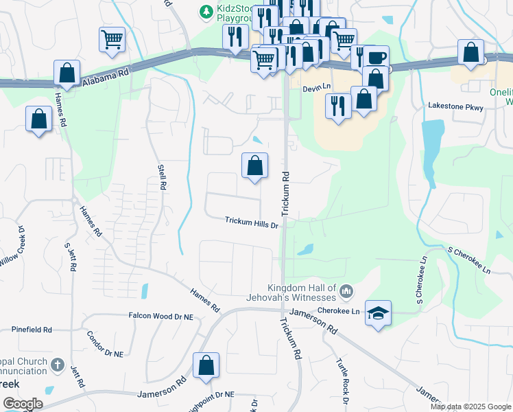map of restaurants, bars, coffee shops, grocery stores, and more near 218 Trickum Hills Lane in Woodstock
