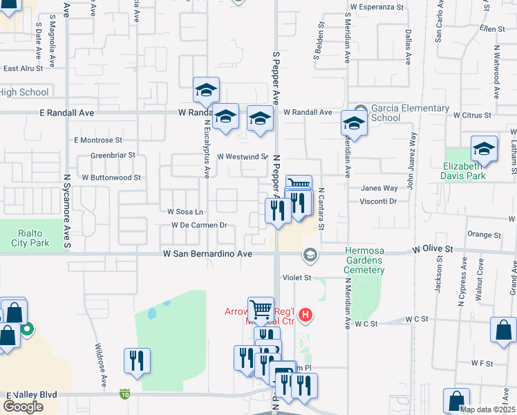 map of restaurants, bars, coffee shops, grocery stores, and more near North Iron Horse Drive in Colton