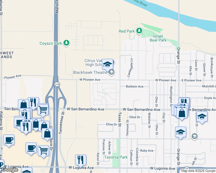 map of restaurants, bars, coffee shops, grocery stores, and more near 874 Royal Knight Trail in Redlands