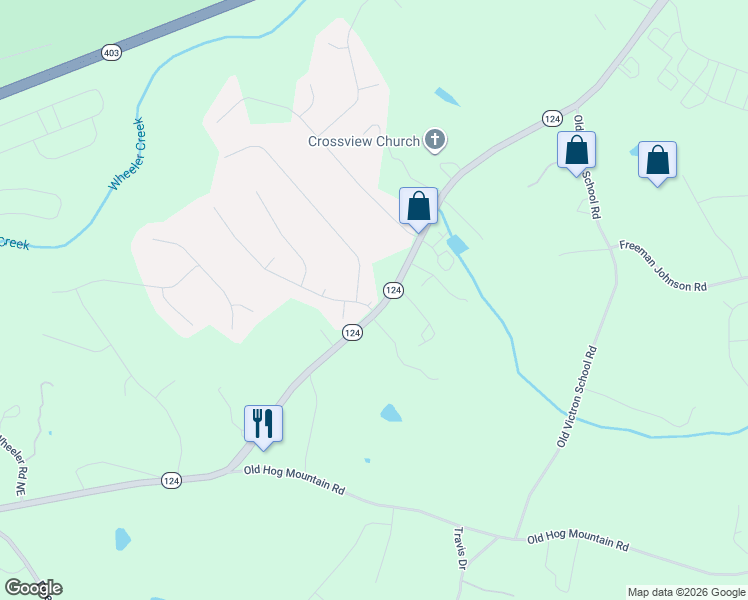 map of restaurants, bars, coffee shops, grocery stores, and more near 1351 Beringer Drive in Hoschton