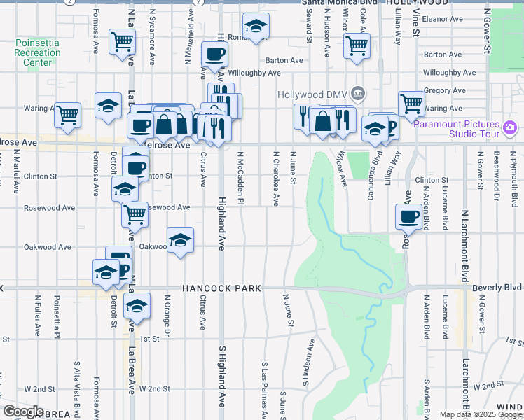 map of restaurants, bars, coffee shops, grocery stores, and more near 463 North Las Palmas Avenue in Los Angeles
