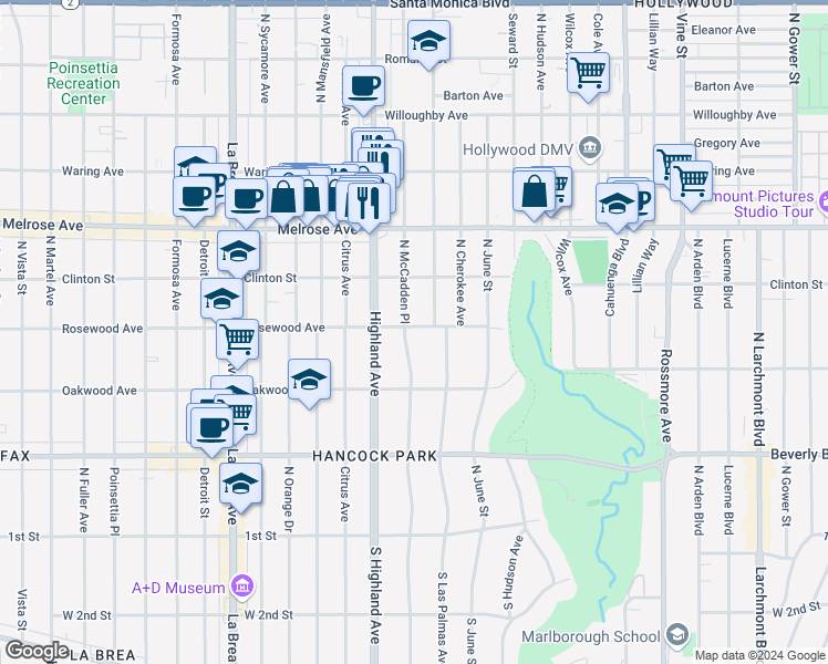 map of restaurants, bars, coffee shops, grocery stores, and more near 462 North McCadden Place in Los Angeles