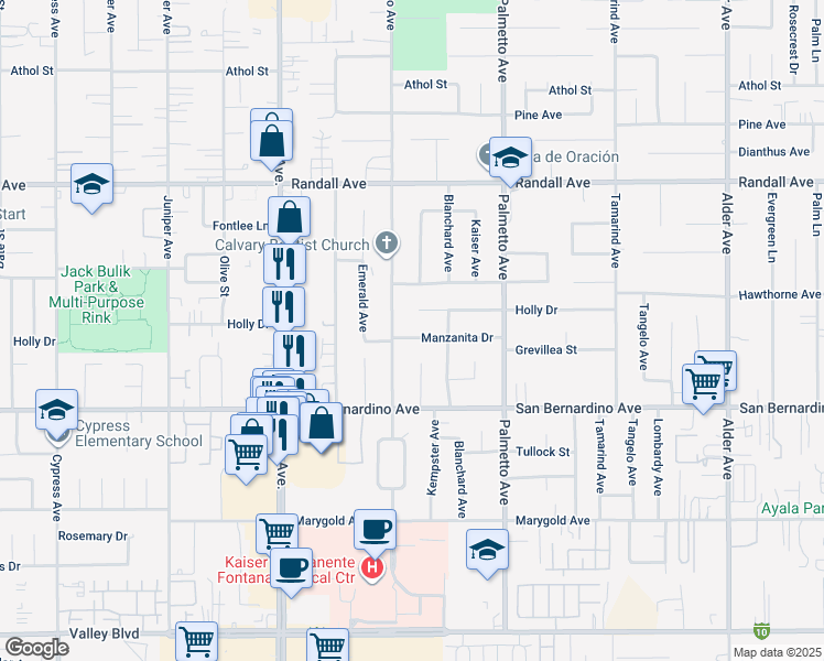 map of restaurants, bars, coffee shops, grocery stores, and more near 17134 Manzanita Drive in Fontana
