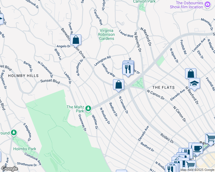 map of restaurants, bars, coffee shops, grocery stores, and more near 910 North Bedford Drive in Beverly Hills