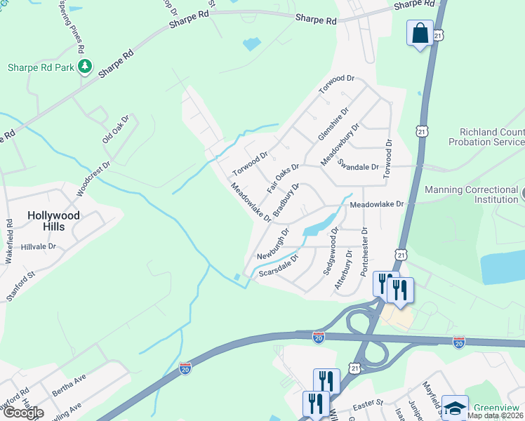 map of restaurants, bars, coffee shops, grocery stores, and more near 221 Fair Oaks Drive in Columbia