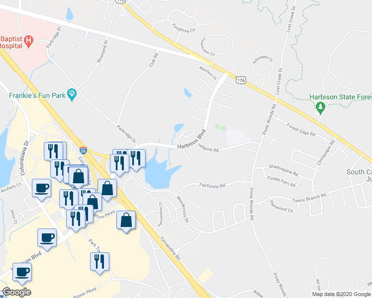 map of restaurants, bars, coffee shops, grocery stores, and more near 105 Windstone Drive in Columbia