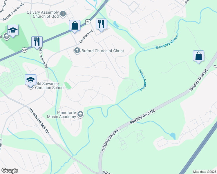 map of restaurants, bars, coffee shops, grocery stores, and more near 977 Suwanee Mill Court Northeast in Buford