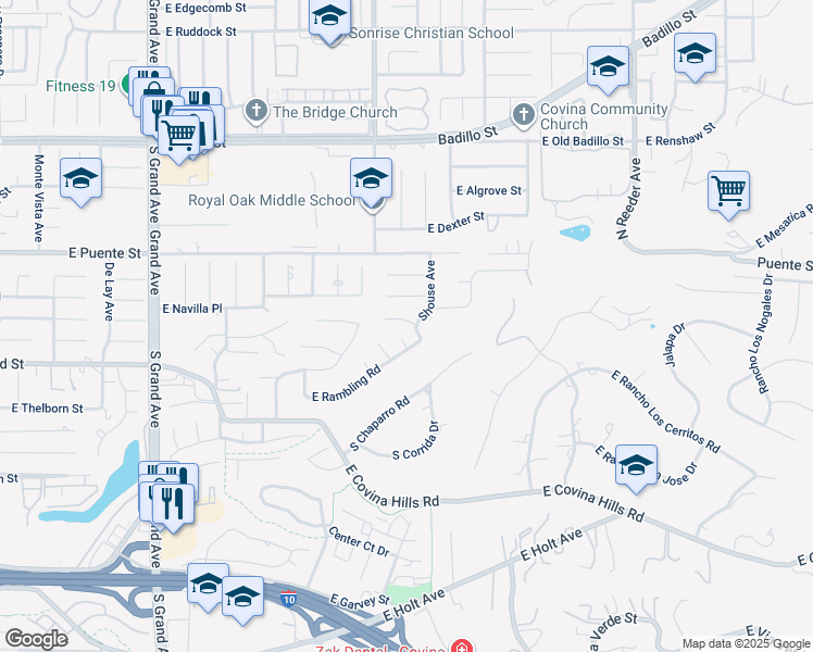 map of restaurants, bars, coffee shops, grocery stores, and more near 20030 Squire Drive in Covina