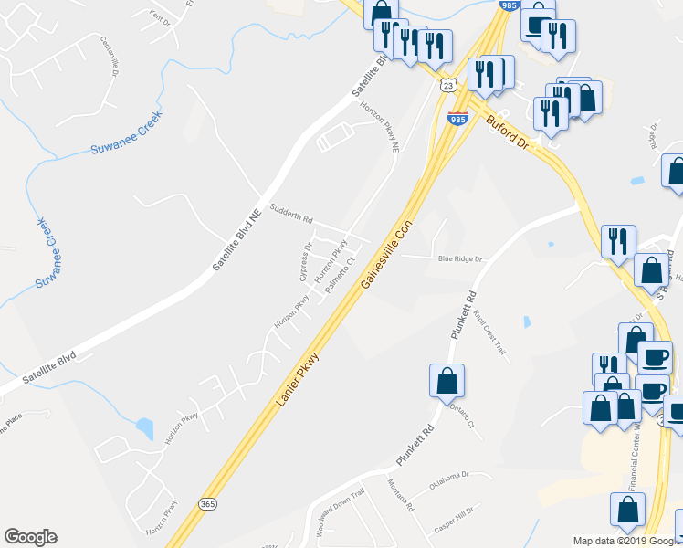 map of restaurants, bars, coffee shops, grocery stores, and more near 1738 Palmetto Court in Buford